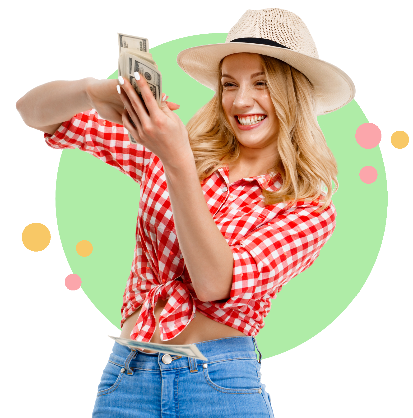 Uśmiechnięta kobieta w kapeluszu trzymająca gotówkę