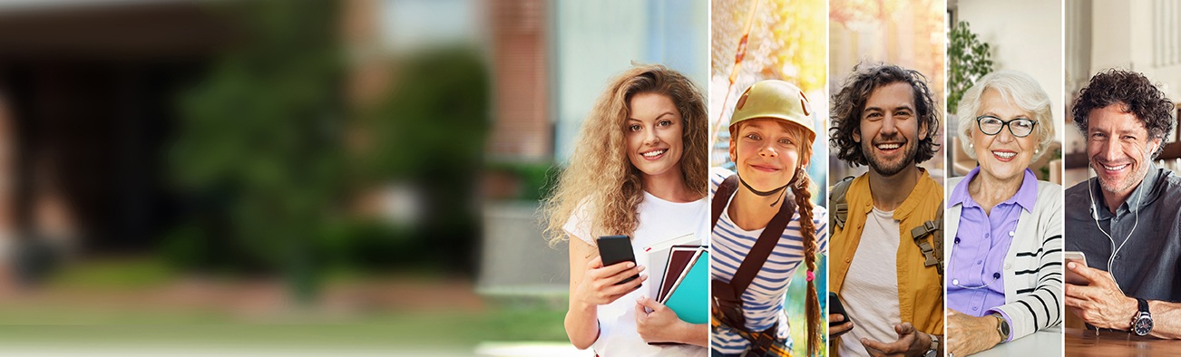 Pięć pionowych zdjęć różnych osób, w różnym wieku - młoda osoba studentka z telefonem, nastolatka w parku linowym, mężczyzna w koszuli, starsza pani oraz mężczyzna z słuchawkami i smartfonem w ręce