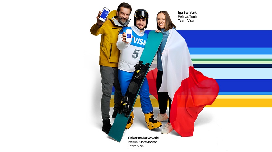 Iga Świątek z flagą Polski, Oskar Kwiatkowski z deską snowboardową oraz Tomasz Kot ze smartfonem z Visa Mobile