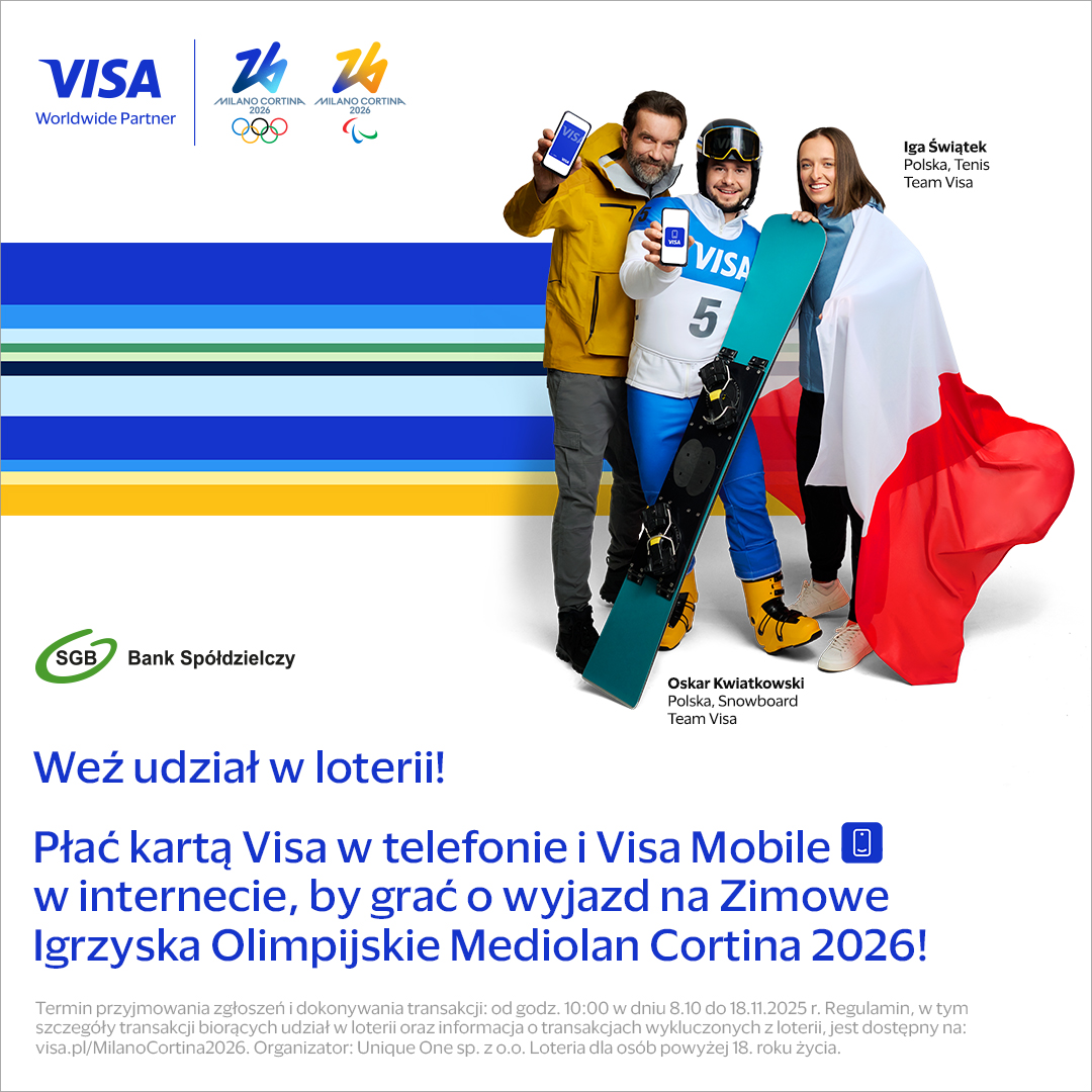 Iga Świątek z flagą Polski, Oskar Kwiatkowski z deską snowboardową oraz Tomasz Kot ze smartfonem z Visa Mobile